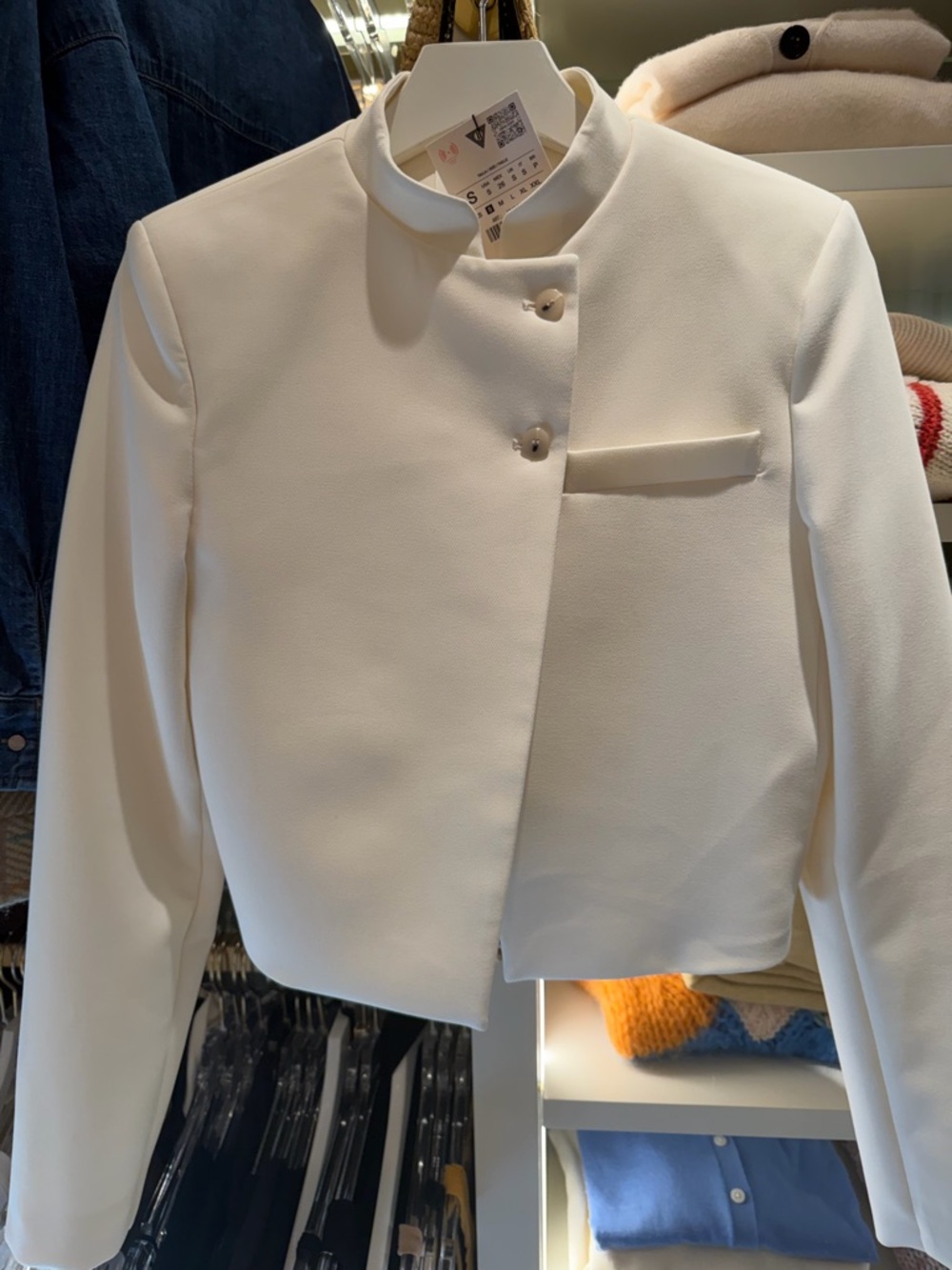 Zara Cream Cropped Mandarin Collar Jacket